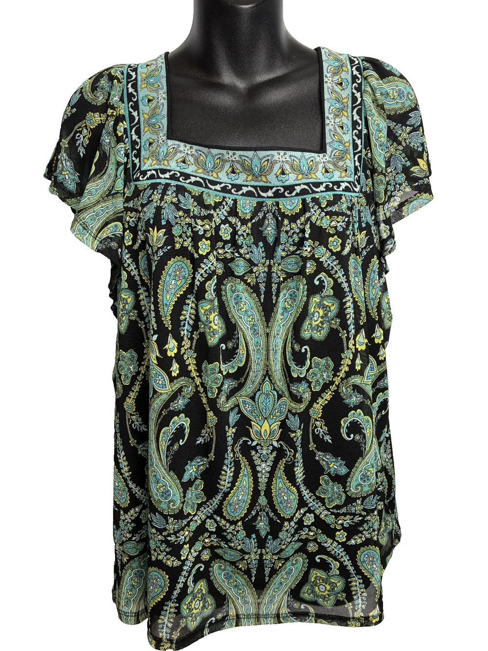 Apt 9 Top Women's Petite XL Black Blouse Short Cap Sleeve Paisley Mesh Blouse
